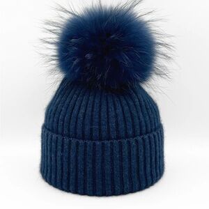 Linda Richards wool Navy Blue Pom  Pom Beanie hat HA-62